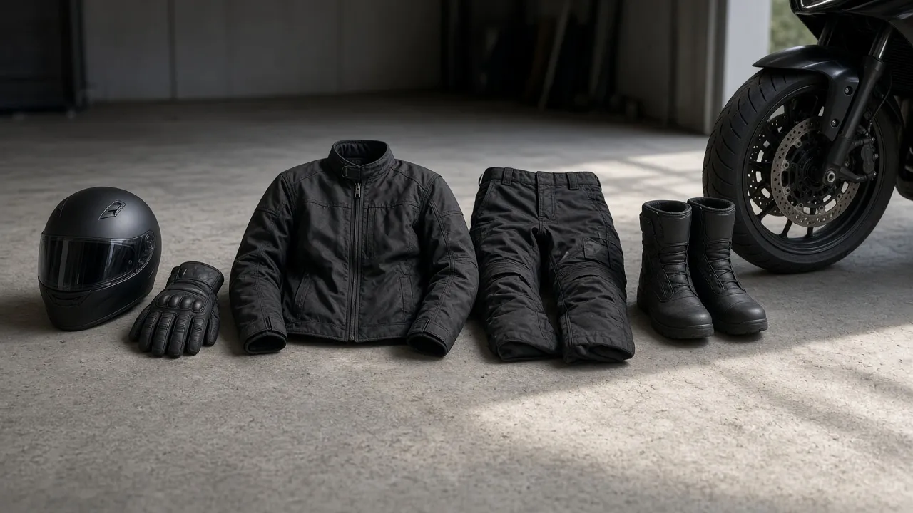 Casque, gants, blouson, pantalon et bottes alignés dans l’ordre d’achat