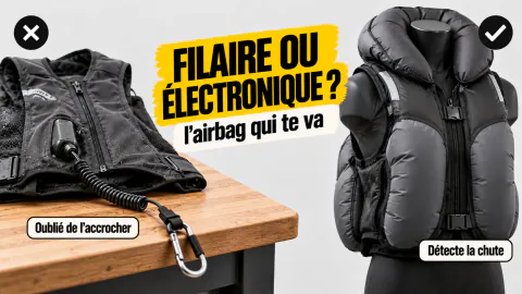 Vignette « Filaire ou électronique ? » : gilet airbag filaire dont le câble n’est pas accroché, puis gilet électronique gonflé qui détecte la chute