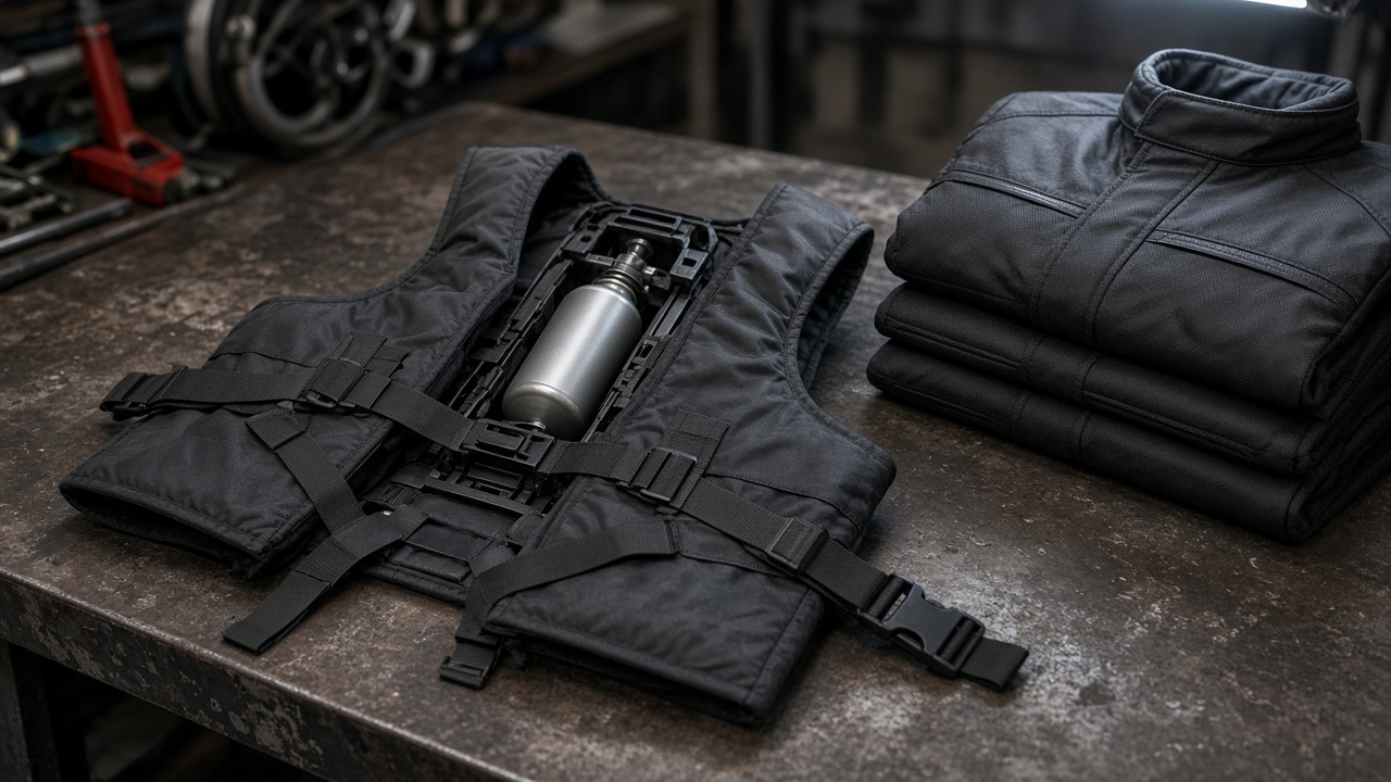 Gilet airbag moto posé sur un blouson textile