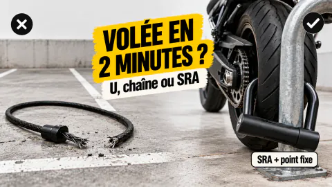 Vignette « Volée en 2 minutes ? » : câble antivol coupé sur une place vide, puis roue attachée par un U à un arceau, SRA et point fixe