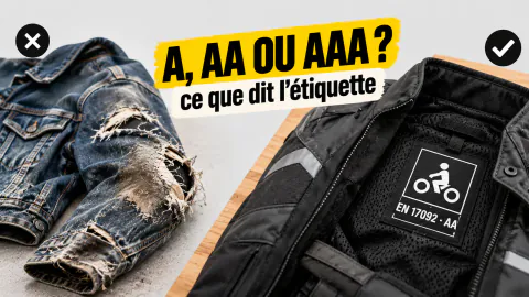 Vignette « A, AA ou AAA ? » : veste en jean râpée par une glissade, puis l’étiquette EN 17092 classe AA d’un blouson moto