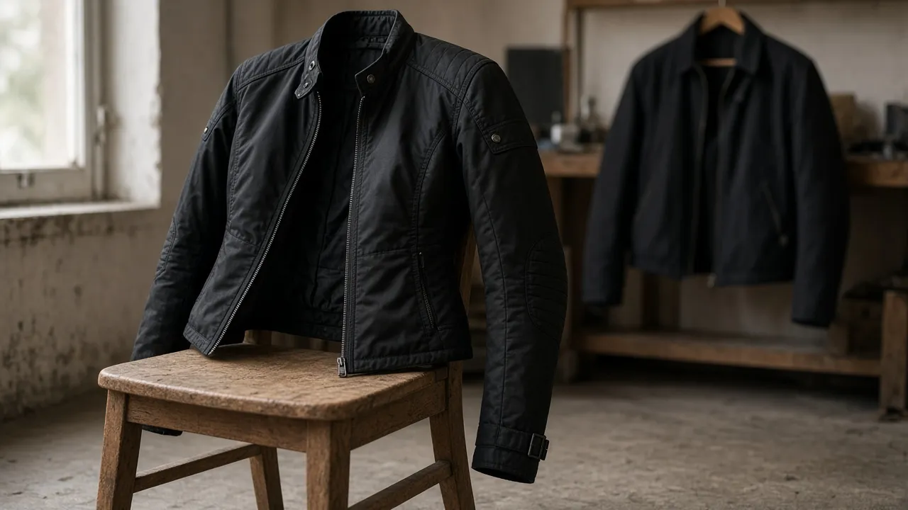 Blouson coupe cintrée sur une chaise, coupe plus large en arrière-plan