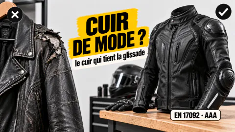 Vignette « Cuir de mode ? » : veste en cuir fin déchirée à l’épaule, puis blouson moto en cuir épais classe AAA
