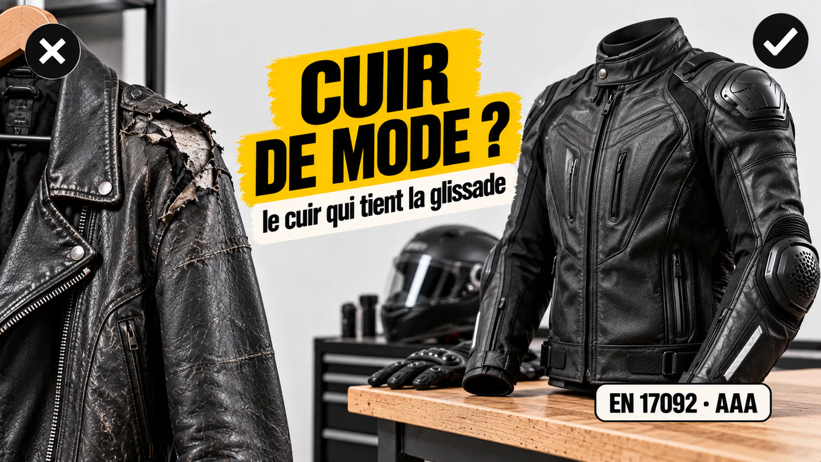 Vignette « Cuir de mode ? » : veste en cuir fin déchirée à l’épaule, puis blouson moto en cuir épais classe AAA