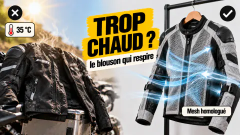 Vignette « Trop chaud ? » : blouson noir épais en plein soleil à 35 °C, puis blouson mesh homologué traversé par l’air