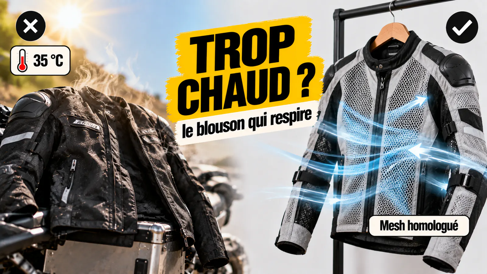 Vignette « Trop chaud ? » : blouson noir épais en plein soleil à 35 °C, puis blouson mesh homologué traversé par l’air