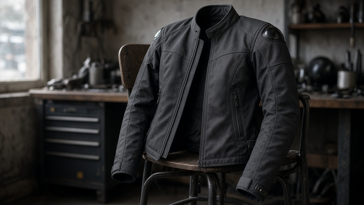 Blouson moto coupe femme posé sur un dossier de chaise d’atelier