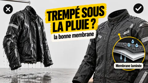 Vignette « Trempé sous la pluie ? » : blouson gorgé d’eau qui goutte, puis blouson à membrane laminée sur lequel l’eau perle