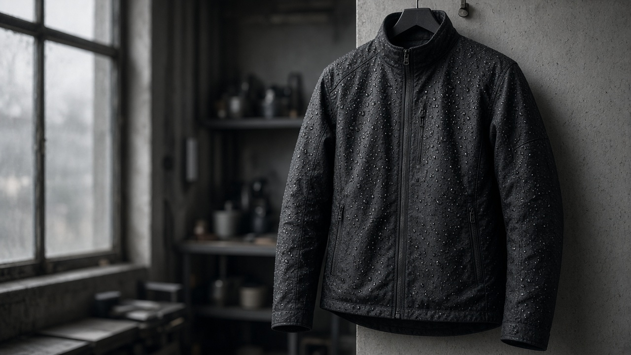 Blouson moto textile perlé d’eau de pluie près d’une fenêtre