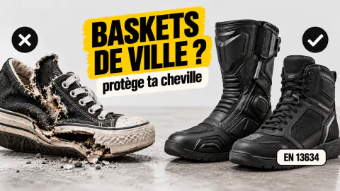 Vignette « Baskets de ville ? » : basket en toile déchirée, puis botte et basket moto homologuées EN 13634