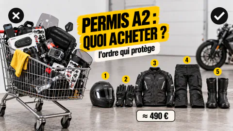 Vignette « Permis A2 : quoi acheter ? » : caddie rempli de gadgets, puis casque, gants, blouson, pantalon et bottes alignés dans l’ordre, environ 490 €