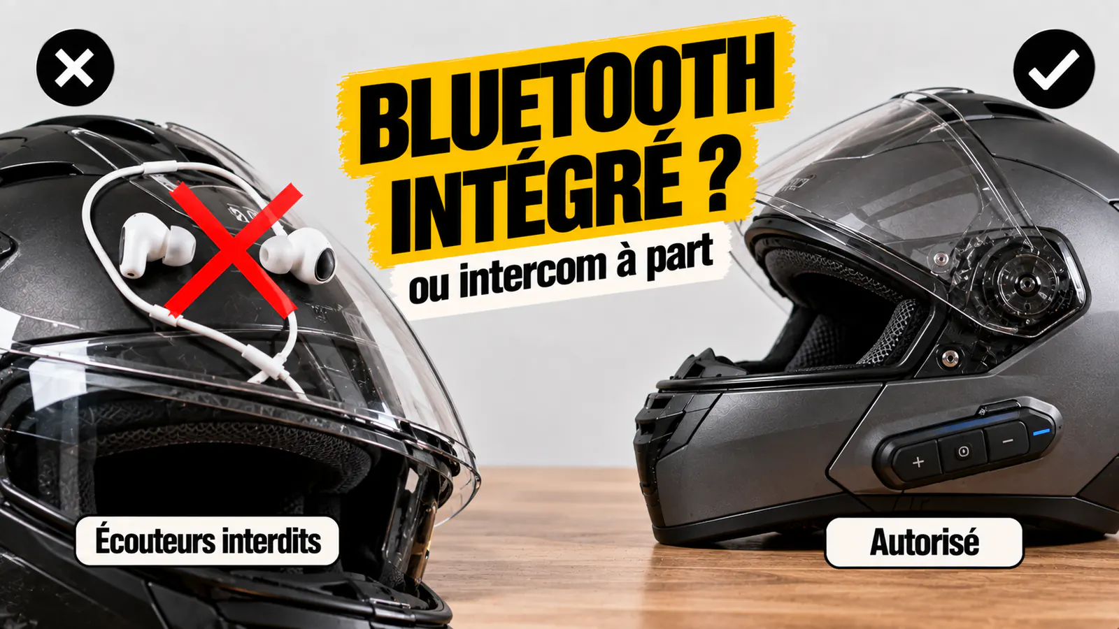 Vignette « Bluetooth intégré ? » : écouteurs barrés, interdits à moto, puis casque modulable avec module Bluetooth intégré, autorisé