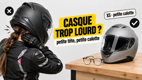 Vignette « Casque trop lourd ? » : motarde qui se masse la nuque sous un casque trop grand, puis un casque compact XS à petite calotte et des lunettes