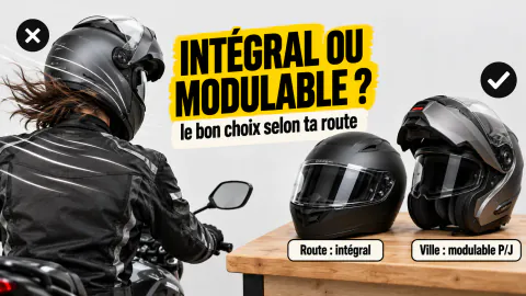 Vignette « Intégral ou modulable ? » : motard secoué par le vent mentonnière relevée, puis un intégral pour la route et un modulable P/J pour la ville