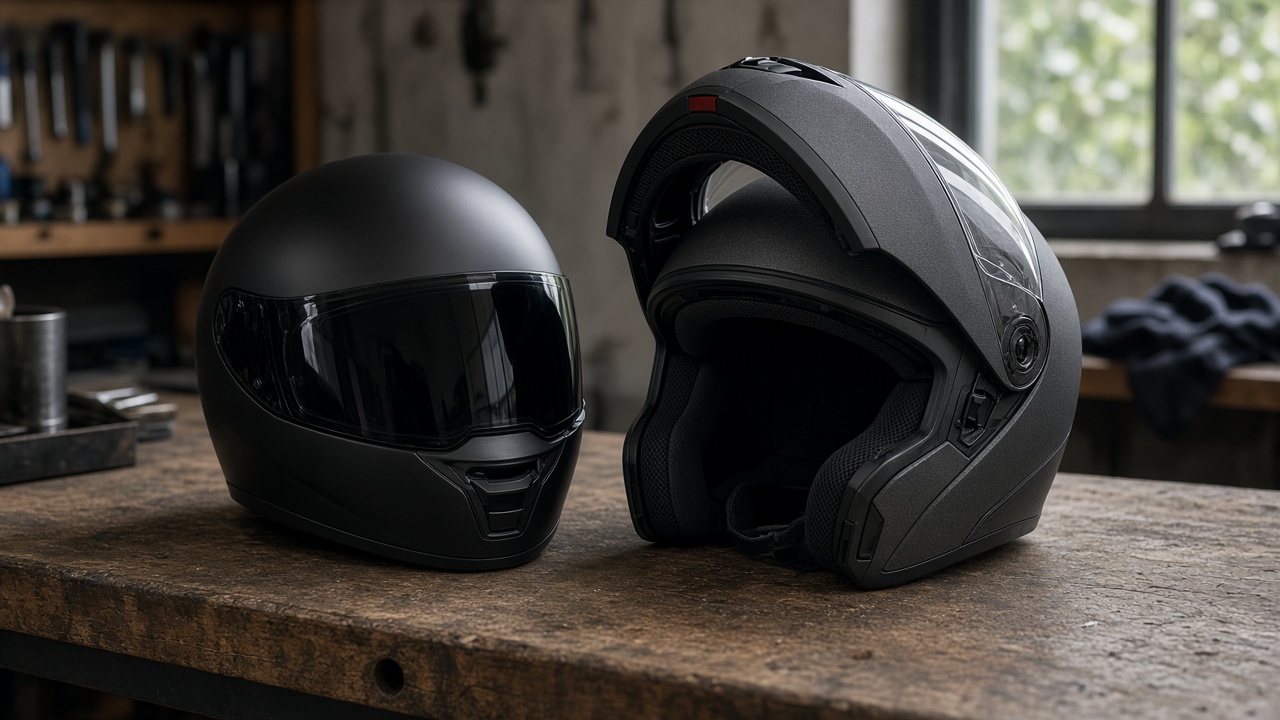 Casque intégral et casque modulable mentonnière relevée côte à côte