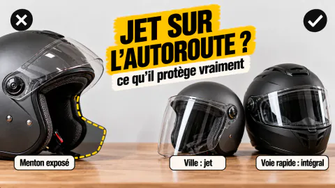 Vignette « Jet sur l’autoroute ? » : casque jet au menton exposé, puis un jet pour la ville et un intégral pour la voie rapide