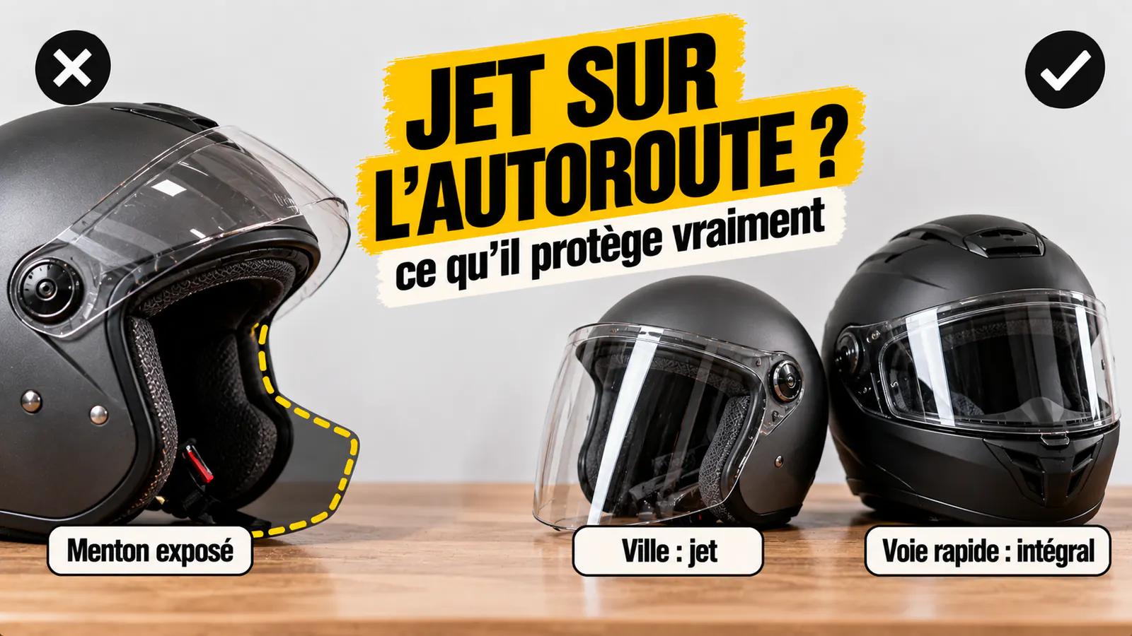 Vignette « Jet sur l’autoroute ? » : casque jet au menton exposé, puis un jet pour la ville et un intégral pour la voie rapide