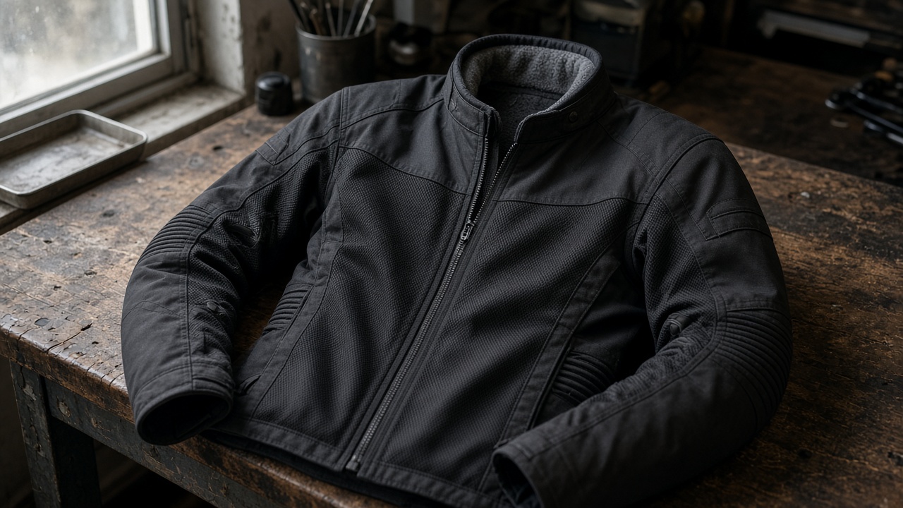 Blouson moto textile posé sur un banc d’atelier
