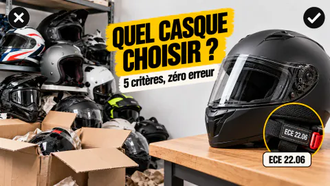 Vignette « Quel casque choisir ? » : étagère de casques en vrac, puis un casque intégral et son étiquette ECE 22.06