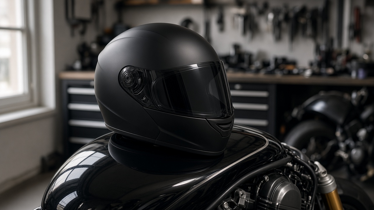 Casque intégral moto posé sur un réservoir, lumière du matin