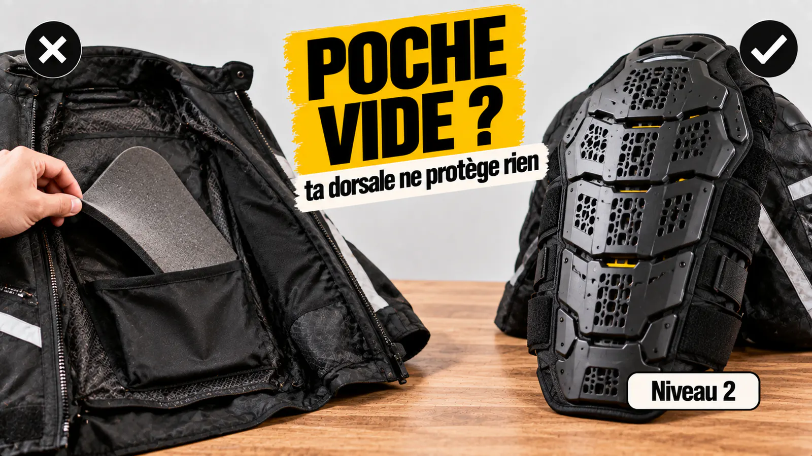 Vignette « Poche vide ? » : poche dorsale qui ne contient qu’une mousse, puis dorsale moto niveau 2