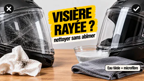 Vignette « Visière rayée ? » : visière frottée au papier essuie-tout, puis visière nette, eau tiède et microfibre