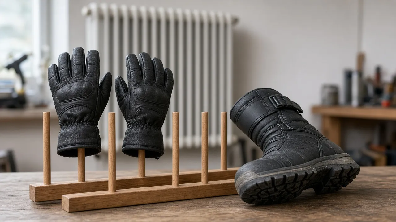 Gants d’hiver séchant sur un rack en bois, radiateur inutilisé au fond