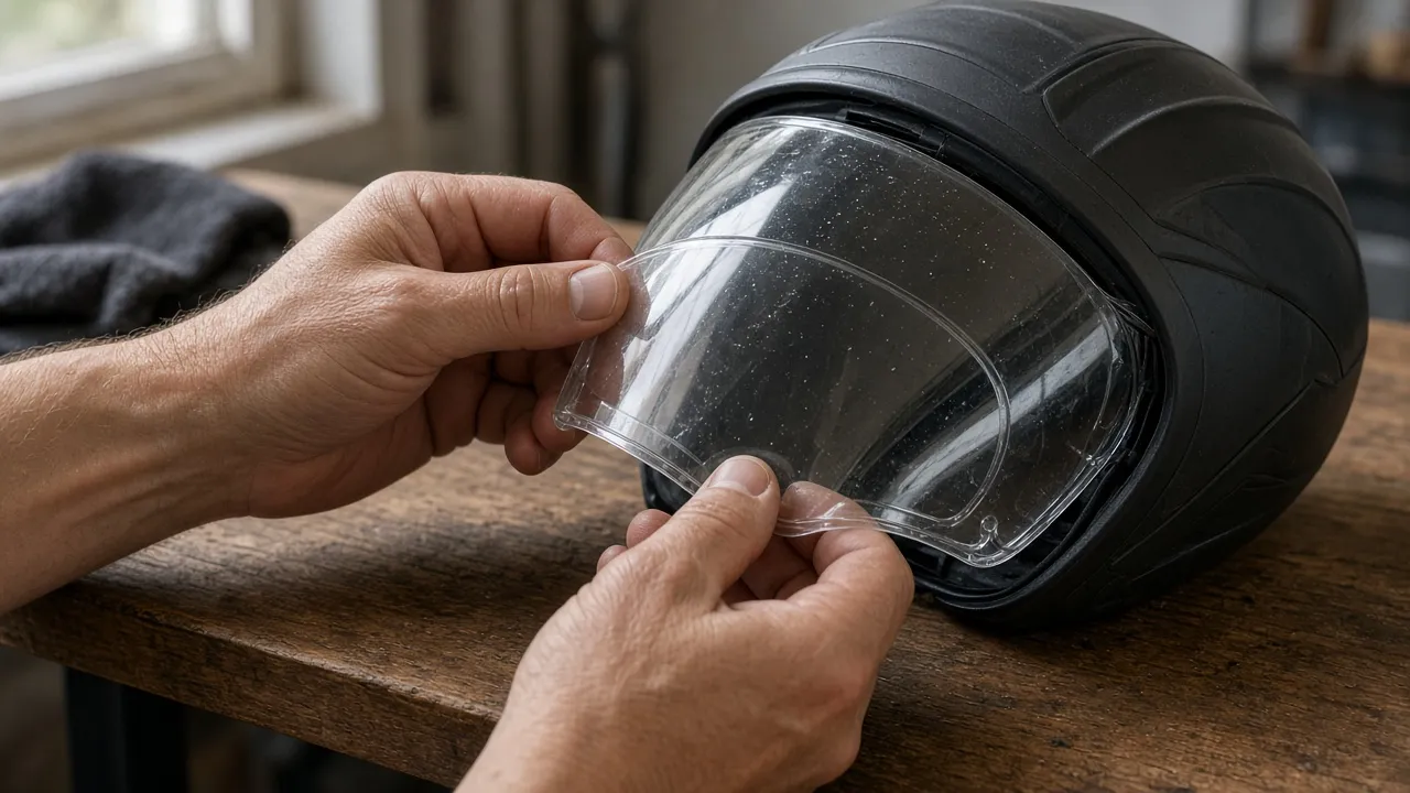 Film anti-buée clipé à l’intérieur d’une visière de casque