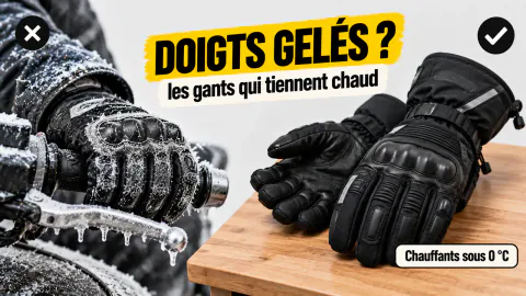 Vignette « Doigts gelés ? » : gant d’été fin couvert de givre sur la poignée, puis gants d’hiver épais, chauffants sous 0 °C