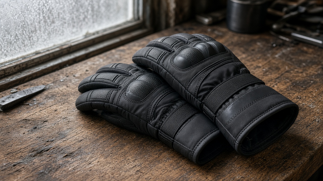Paire de gants moto hiver posée près d’une fenêtre froide