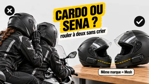 Vignette « Cardo ou Sena ? » : passager qui crie vers le pilote, puis deux casques équipés d’intercoms de même marque en Mesh