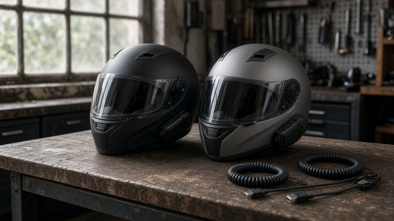 Deux casques moto posés, modules d’intercom discrets sur la coque