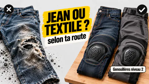 Vignette « Jean ou textile ? » : jean de ville troué au genou, puis jean moto et pantalon textile avec genouillères niveau 2