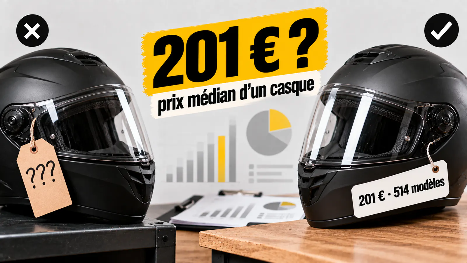 Vignette « 201 € ? » : casque avec une étiquette de prix illisible, puis le même casque étiqueté 201 € · 514 modèles