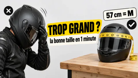 Vignette « Trop grand ? » : un casque intégral qui bascule sur le front, puis le même casque mesuré au mètre ruban, 57 cm = M