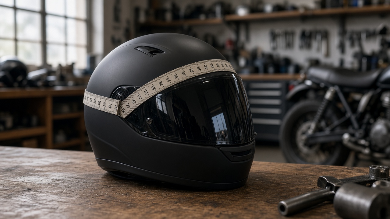 Mètre de couturière posé autour d’un casque intégral sur un établi