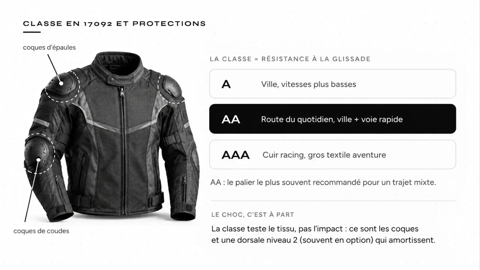 Schéma : classes EN 17092 A, AA et AAA selon l’usage, et emplacement des coques d’épaules, de coudes et de la dorsale