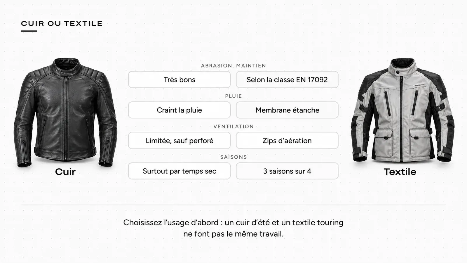 Schéma comparatif : blouson cuir et blouson textile, abrasion, pluie, ventilation et saisons