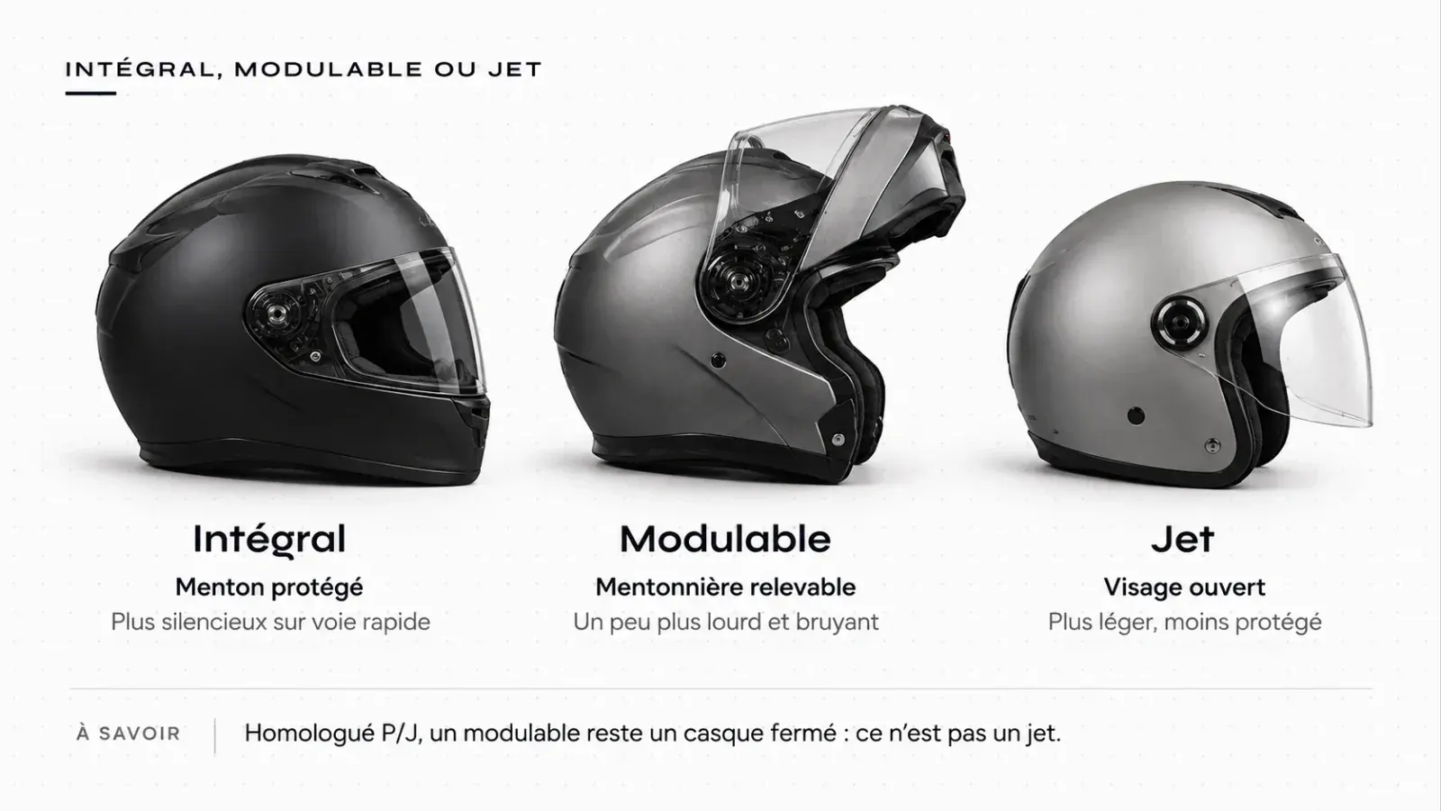 Schéma : casque intégral, modulable mentonnière relevée et jet, avec ce que chaque type protège