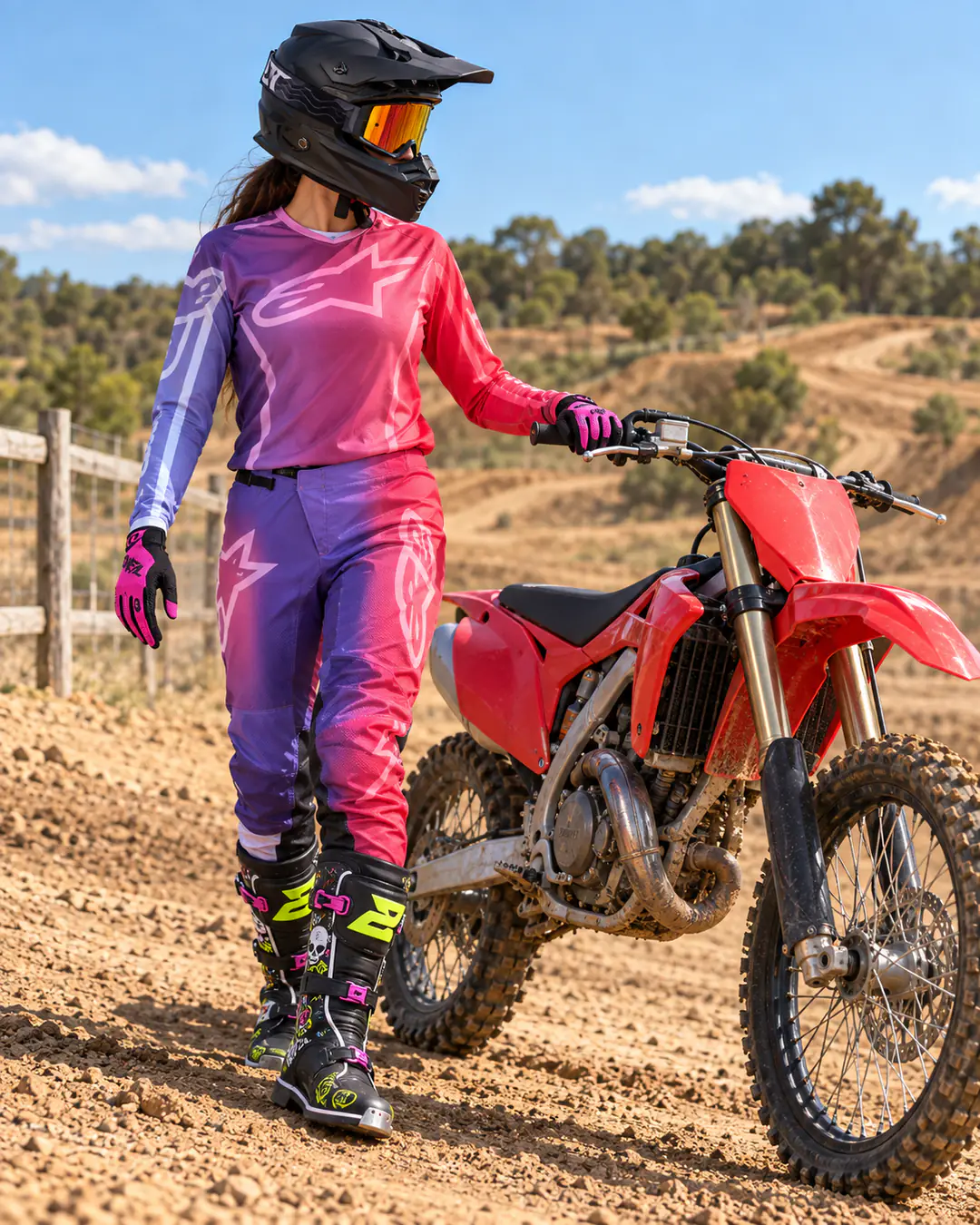Pilote femme près d’une moto de cross rouge sur un terrain de motocross, en casque DXR Argess noir, masque DXR Vision, maillot et pantalon Alpinestars Stella Fluid Kepler violet et rose, gants O’Neal roses et bottes Shot Race 2.