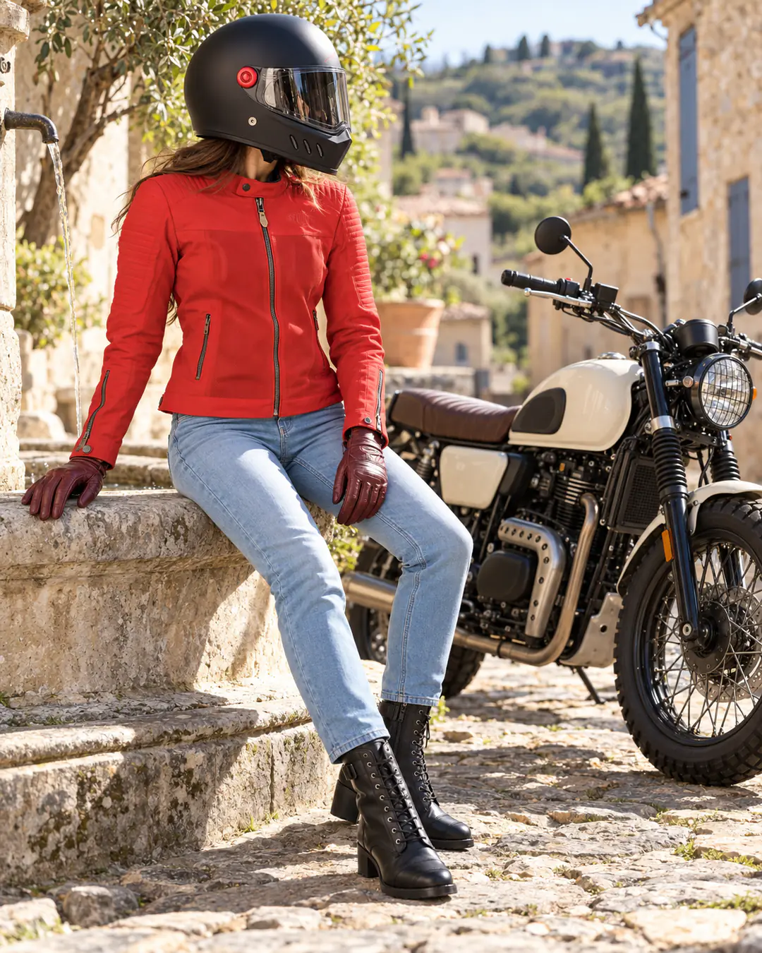 Motarde assise sur une fontaine de pierre près d’un scrambler crème dans un village provençal, en casque intégral rétro Dexter Comando noir, veste Segura Dikinson rouge, gants Helstons Crissy bordeaux, jean Helstons Calamity et bottes DXR Nini.