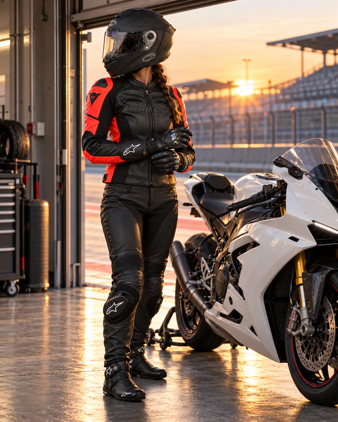Motarde devant un stand de circuit près d’une superbike blanche au lever du jour, en casque Bell Race Star carbone, blouson cuir Dainese Racing 4 noir et rouge, gants Alpinestars Stella SMX-2, pantalon cuir Alpinestars Stella Missile et bottines Stella SMX-1 R.
