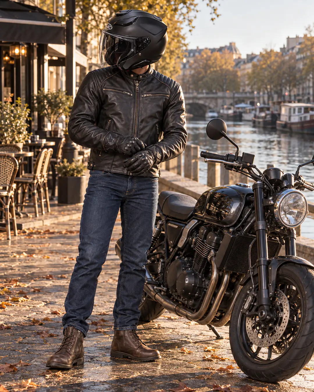 Motard enfilant ses gants près d’un roadster néo-rétro noir sur un quai de canal en automne, en casque jet HJC F31 noir, veste en cuir Helstons Rocket noire, gants Alpinestars SP-8, jean Furygan K12 bleu et demi-bottes Falco Aviator marron.